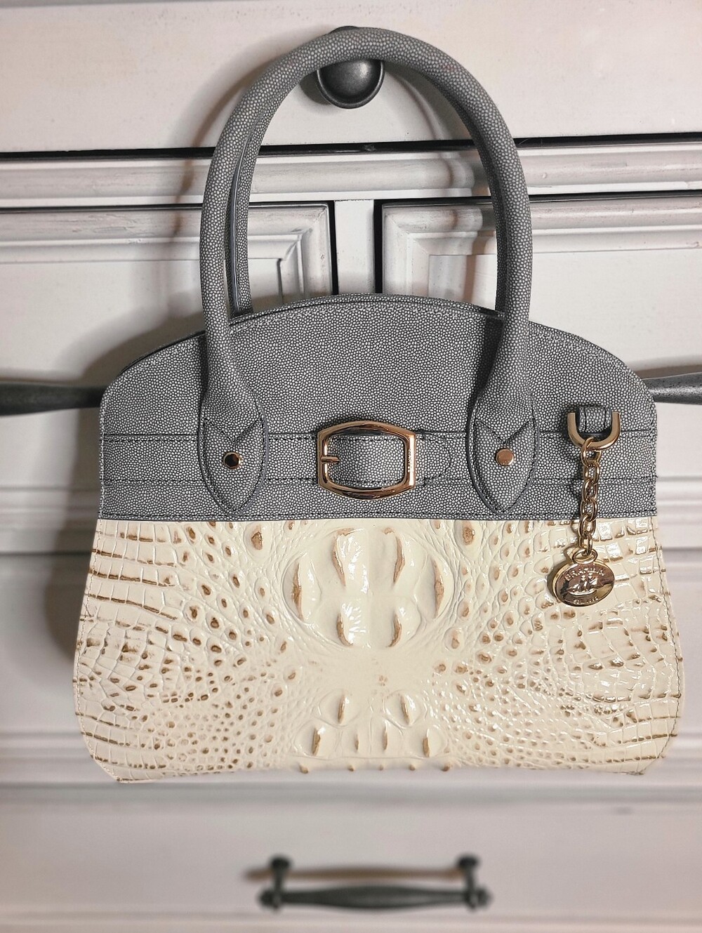 BRAHMIN-Gray and Cream Croc-Geniune Leather Satchel with Gold Accent